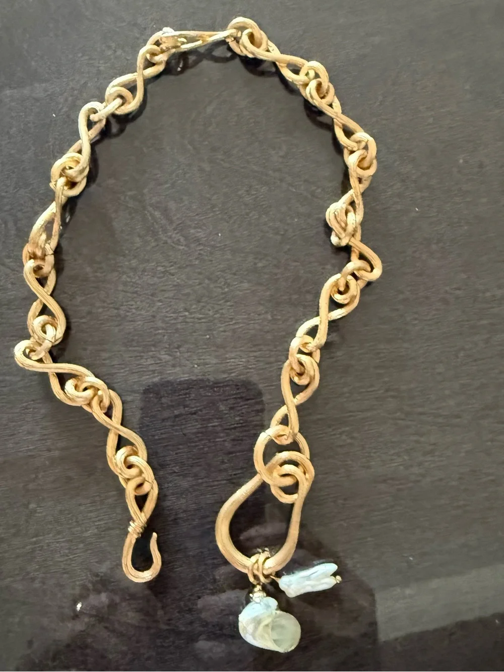 Gold-Tone Knot Link Necklace with Irregular Pearl Drops